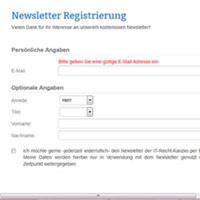 Screenshot-Ausschnitt von der Newsletter-Registrierungsseite der IT-Recht Kanzlei in München