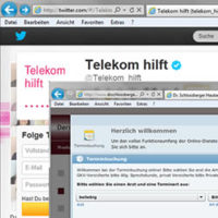 Screenshot-Ausschnitt des Telekom Services auf Twitter "Telekom hilft" sowie des öffentlichen Terminbuchungstool der Kölner Ärztin Dr. Schlossberger .
